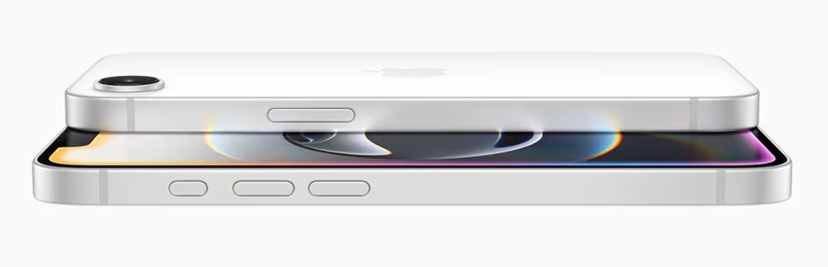 The iPhone 16e shown in a side view.