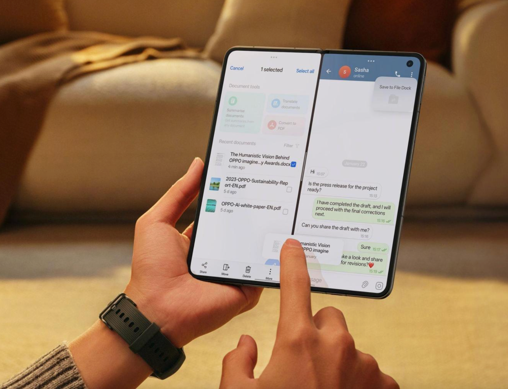 The Find N5 also makes dragging and dropping files between apps simple. | Image credit – Oppo - The world&#039;s thinnest foldable isn&#039;t just about looks – it&#039;s got brains, too