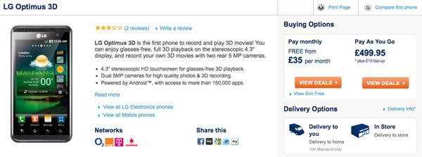 Carphone Warehouse is now selling the SIM-free LG Optimus 3D for £500