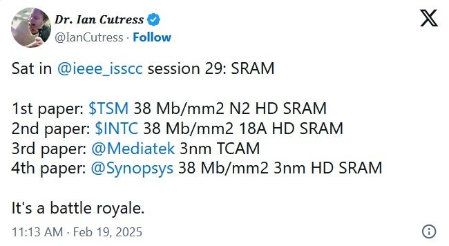 Tweet reveals SRAM densities for Intel's 18A node and TSMC's N2 node.