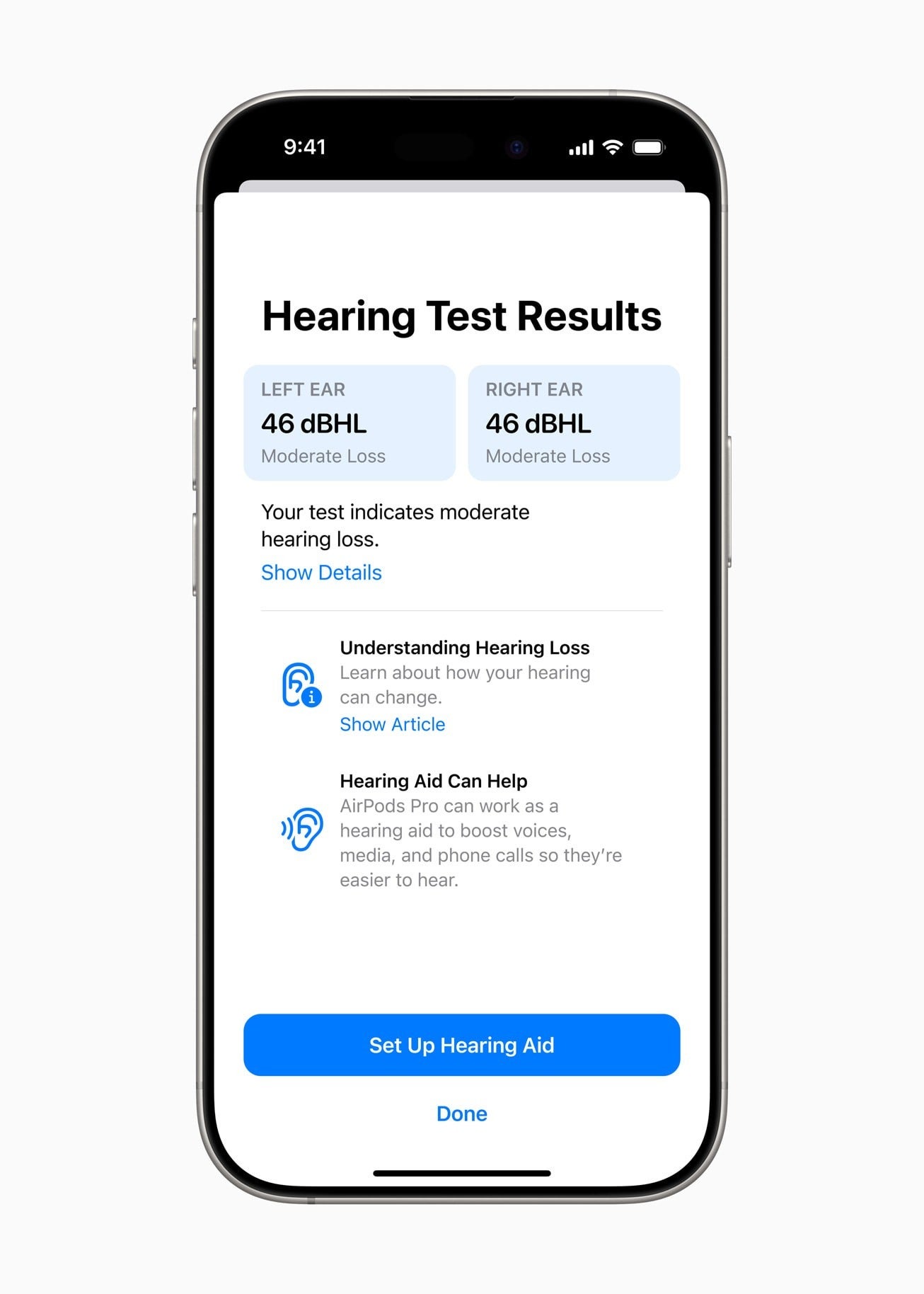 The Health app shows your hearing test results simply by giving you a number for each ear, a rating, and what to do next. | Image credit to Apple. - AirPods Pro 2 Hearing Aid feature finally arrives in the UK