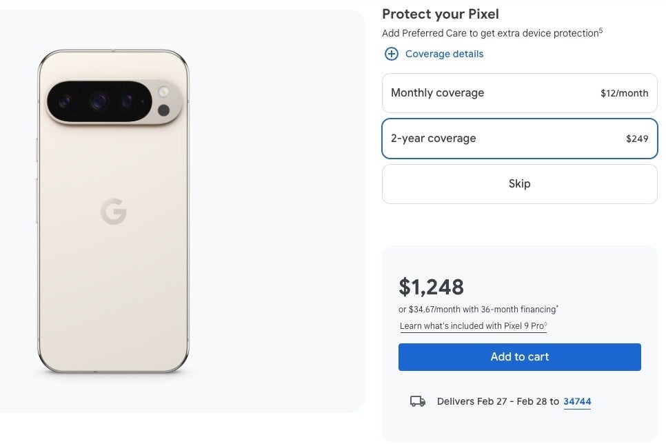 Screenshot of extended warranty options for a Google Pixel 9 Pro