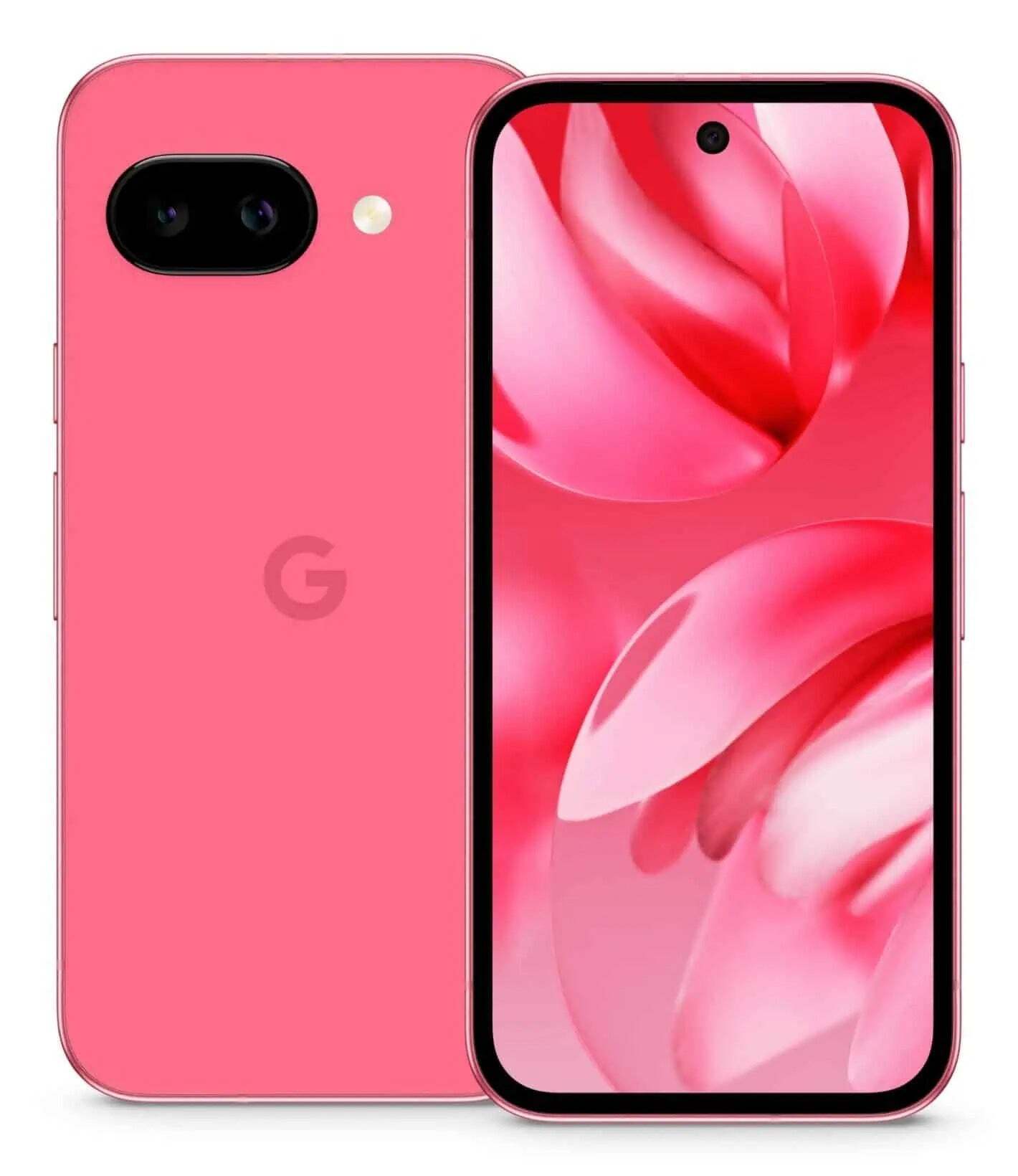 Render showing the PIxel 9a in pink color front and back.