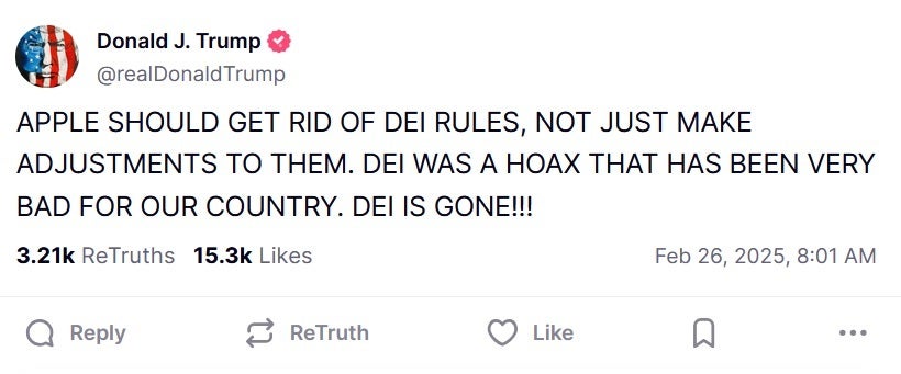 President Trump says Apple should end its DEI initiatives. | Image credit-TruthSocial - Will Trump put pressure on Tim Cook to end Apple's DEI initiatives despite today's stockholder vote? (UPDATE)