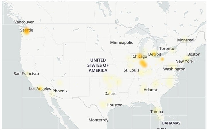 screenshot of a heat map displaying t-mobile outages today