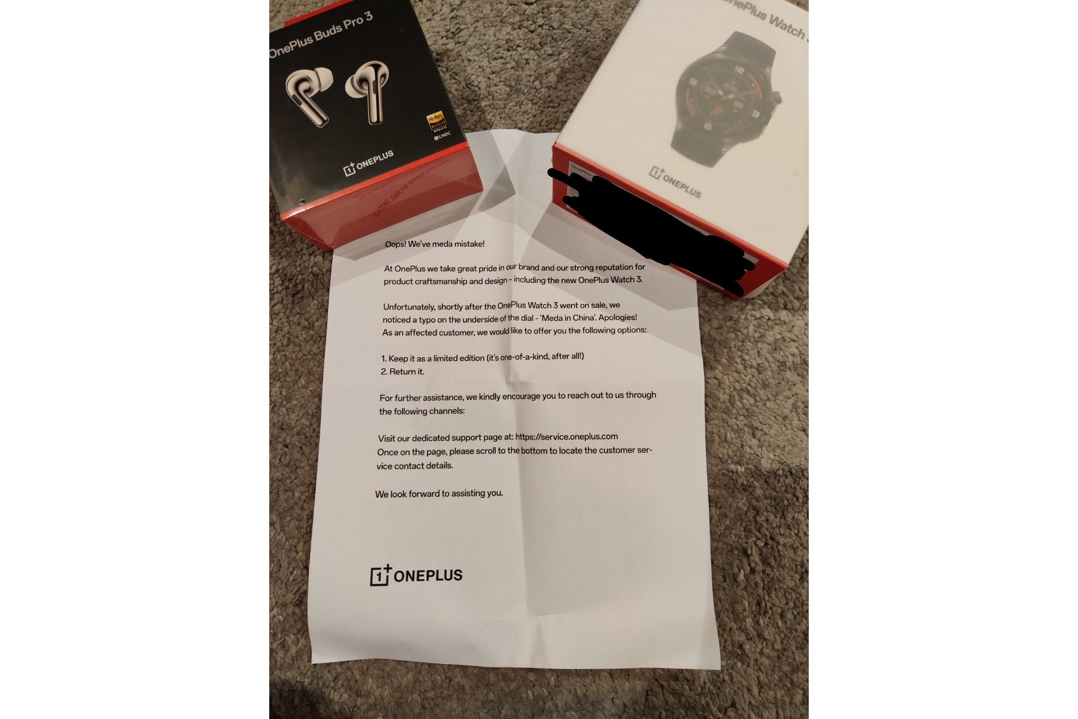 Photo of letter sent by OnePlus to customers with affected Watch 3