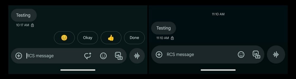 The old version of the Google Messages text field is on the left with the newer, larger text field on the right. | Image credit-9to5Google - Update to Google Messages app leaves it with a larger pill to swallow