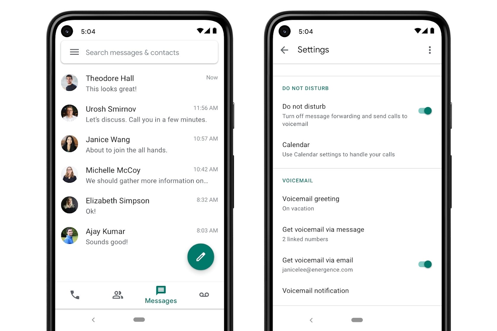 Screenshots of the Google Voice app&amp;#039;s Messages and Settings screens