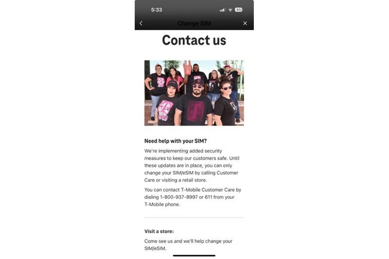 Screenshot of T-Life app instructions to contact them for a SIM change