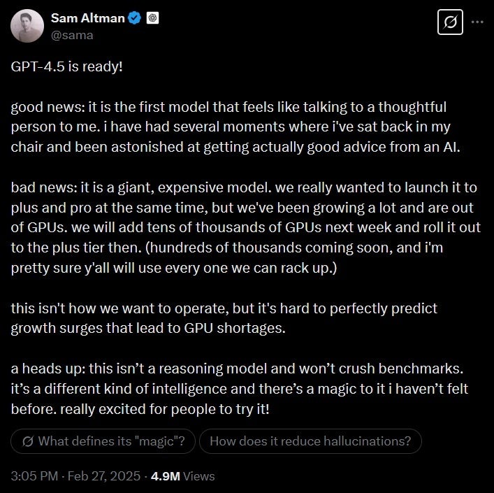 Sam Altman admits that OpenAI is out of GPU chips. | Image credit-X - GPU shortage hits OpenAI, delays rollout of ChatGPT-4.5