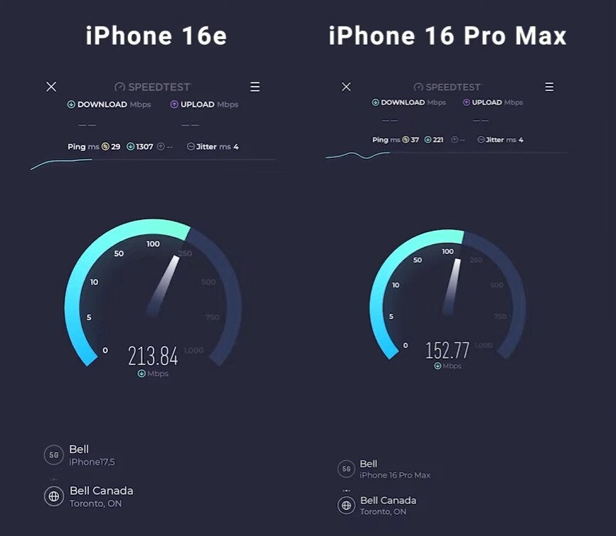 Apple&#039;s C1 5G modem is faster than the Snapdragon X71 5G modem in this test. | Image credit-Dave2D - Test arguably shows modem in iPhone 16e is faster than the one in the iPhone 16 Pro Max