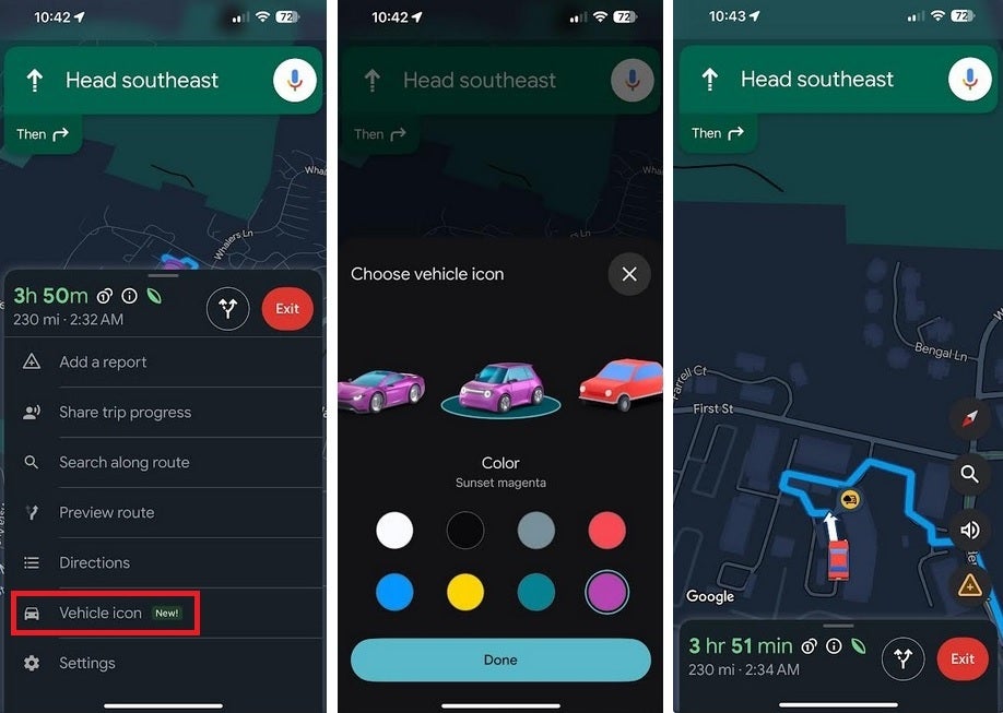 Google Maps adds Waze-like icons to represent the user's vehicle. | Image credit-PhoneArena - Google Maps will add this feature from Waze to make driving more colorful and fun