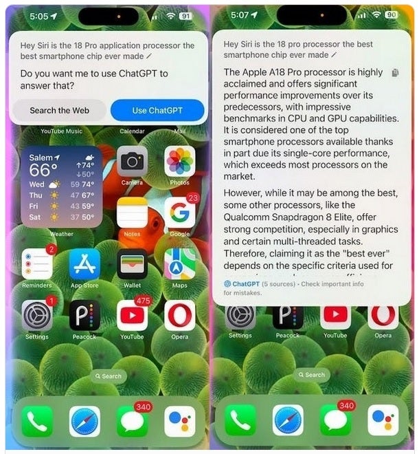 Example of how Siri uses ChatGPT to answer some queries with Apple Intelligence.