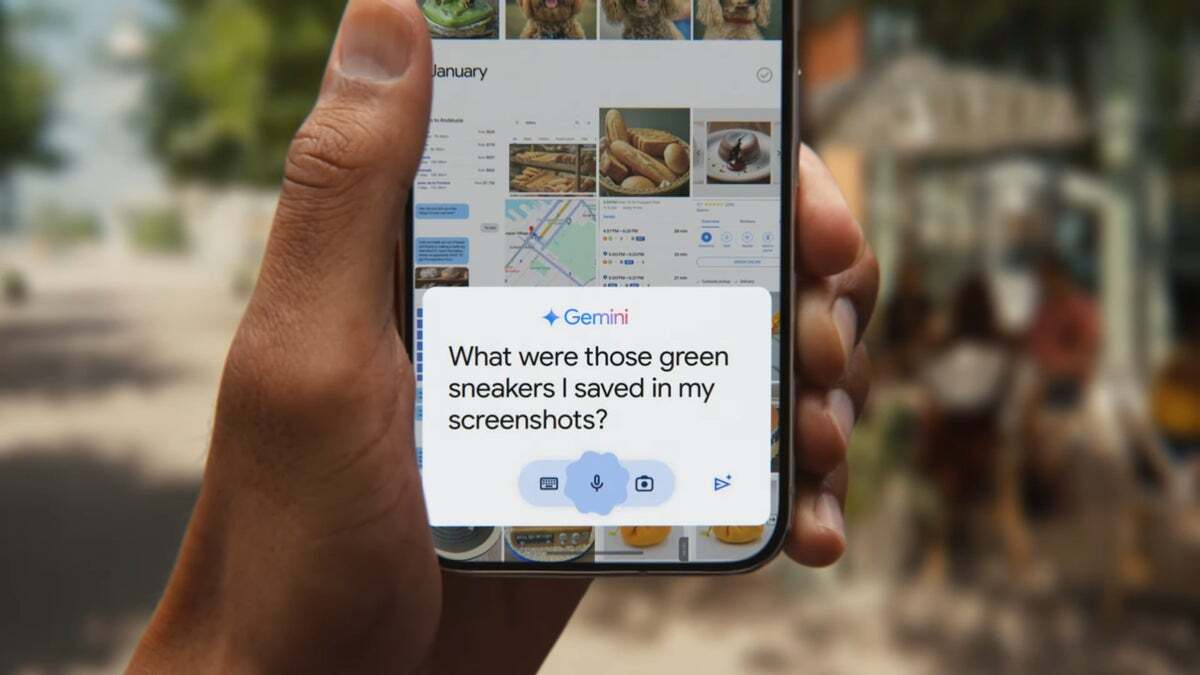 A hand holding a Google Pixel phone displaying the Gemini app with a search query about green sneakers.