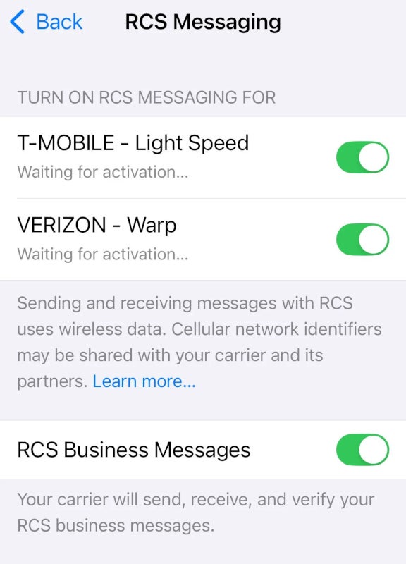 RCS toggle on iPhone