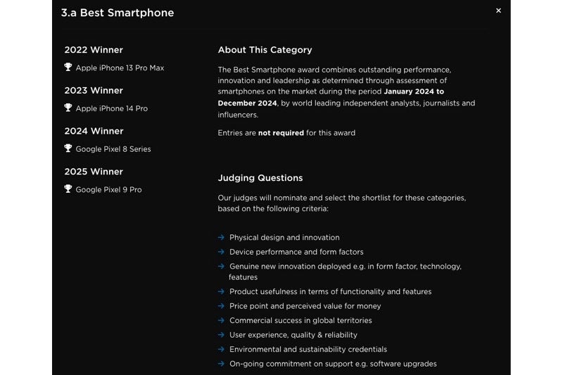 Screenshot of the Best Smartphone category in the GLOMO awards