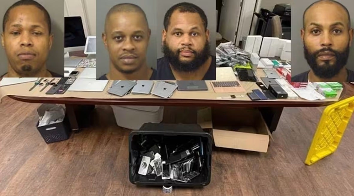 Numerous stolen iPhones, iPads, and Apple Watches can be seen in this photo along with mug shots of the suspects. | Image credit-Palm Beach Sheriffs Office - Thieves target T-Mobile stores stealing over $500,000 in phones, tablets, watches, and more