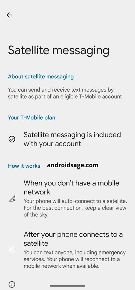 Screenshot of the satellite messaging settings in Android 15