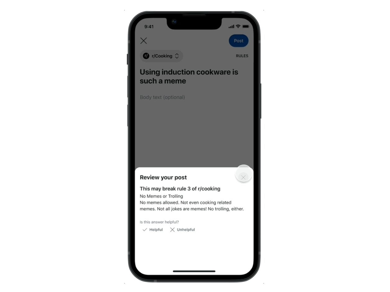 The app will flag rule violations proactively. | Image credit — Reddit - Reddit will now know if your post breaks rules and warn you accordingly