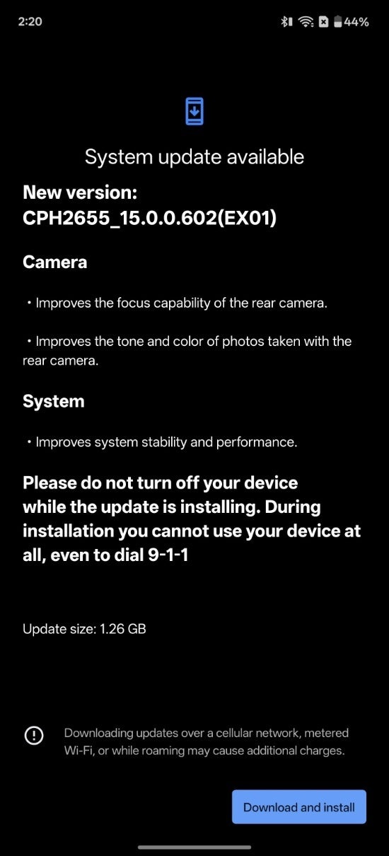 Screenshot of the latest OnePlus 13 update