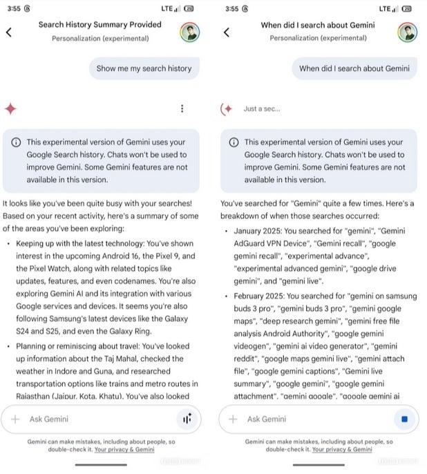 Examples of responses to queries made by the Gemini Personalization model. | Image credit-Android Authority - Upcoming Gemini model will connect with your Google Search history to give you personalized help