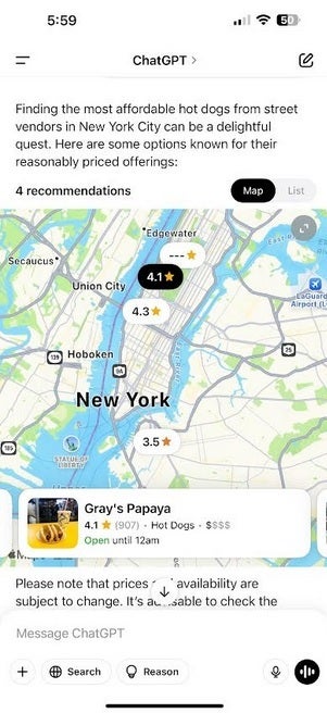 ChatGPT tells us where to find the cheapest hot dogs in New York City. | Image credit-PhoneArena - Set up ChatGPT and Gemini to open quickly on your iPhone so you can get your queries answered