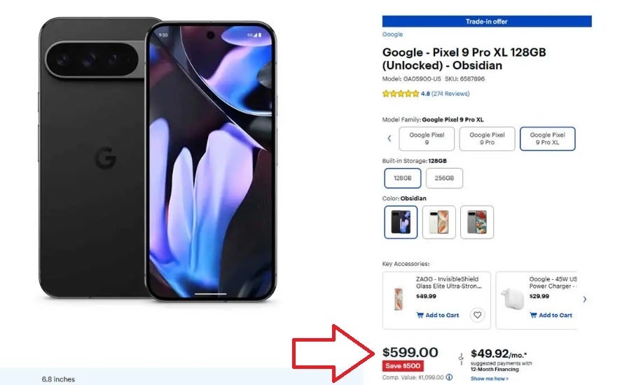 Best Buy&amp;#039;s listing for the Pixel 9 Pro XL shows an incorrrect price of $599.