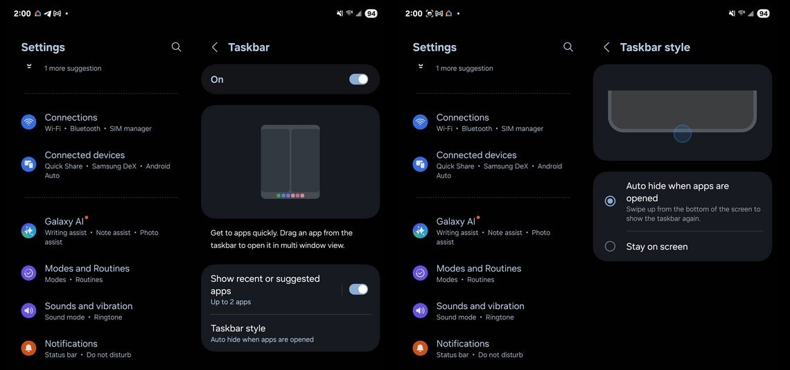 Galaxy Z Fold 6 users can enable the auto-hiding taskbar found on Pixel foldables. | Image credit-9to5Google - Galaxy Z Fold 6 gets two features from the Pixel Fold and Pixel 9 Pro Fold