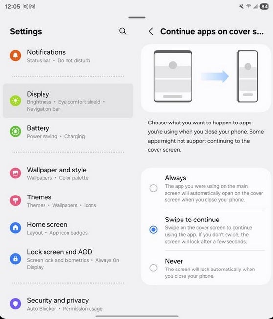 Swipe to continue allows you to move an app from the internal screen to the cover screen. | Image credit-Jeff Springer - Galaxy Z Fold 6 gets two features from the Pixel Fold and Pixel 9 Pro Fold