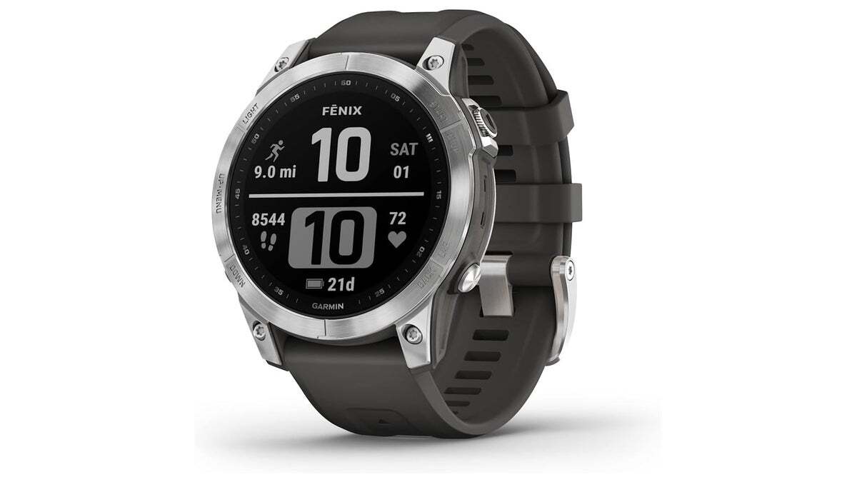 A close-up of a Garmin Fenix 7 smartwatch on a white background.