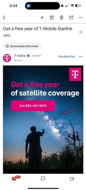 T-Mobile sends emails looking to promote a free year of Starlink to those switching to T-Mobile.