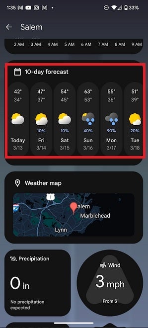 The 10-day forecast now includes the date along with the day. | Image credit-PhoneArena - Whether you like it or not, changes are coming to the Pixel Weather app