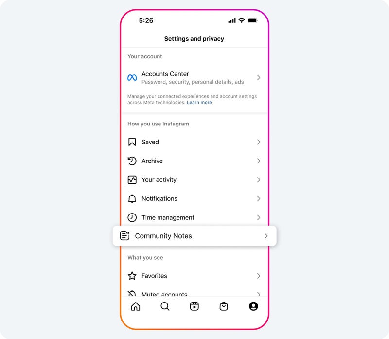 A screenshot of the Instagram "Settings and privacy" menu, highlighting the "Community Notes" option.