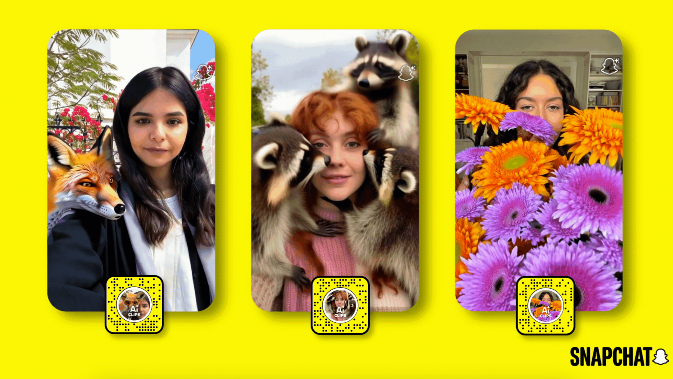 Three Snapchat photos with people using animal and flower filters.