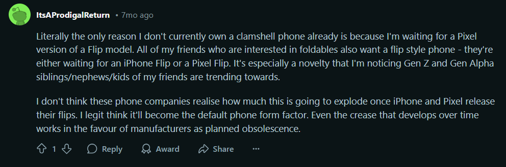 Image source – Reddit - Motorola&#039;s next foldable might actually be good news for Pixel Flip fans (and bad – for Apple fans)