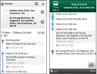 Transit Directions without Navigation (L) and with it (R) - Update to Google Maps 5.7 for Android brings Transit Navigation and more new features