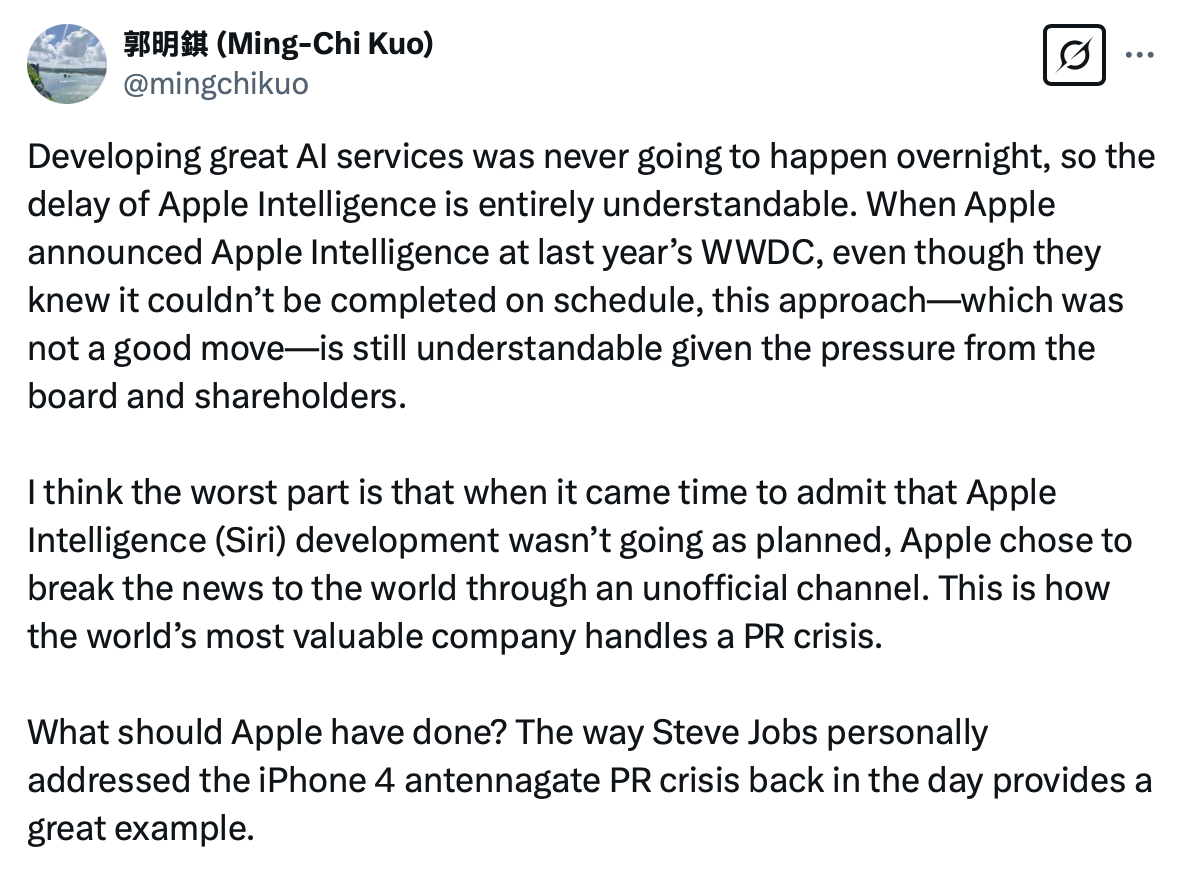 Image Credit - Ming-Chi Kuo on X - Tim Cook is handling Siri&#039;s AI disaster all wrong - Apple analyst says Jobs did it better