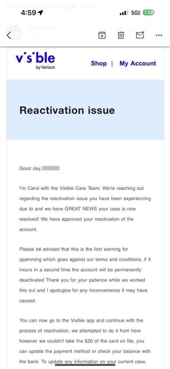 Screenshot of email sent by Visible to the customer