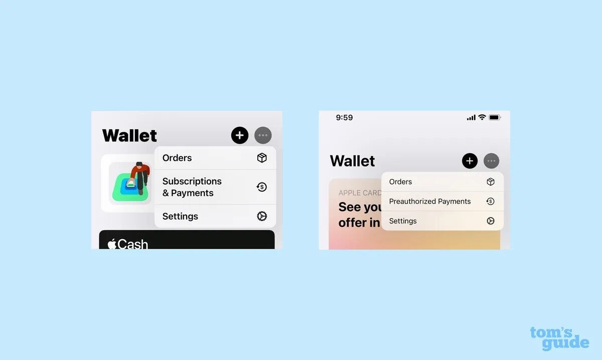 Two screenshots of the Apple Wallet app interface, showing a menu with options.