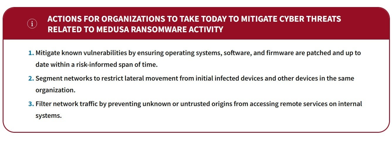 U.S. agencies suggest that individuals and organizations take these actions. | Image credit-CISA - Attacks on your Gmail can force you to pay ransom to keep data and secrets from cybercrooks