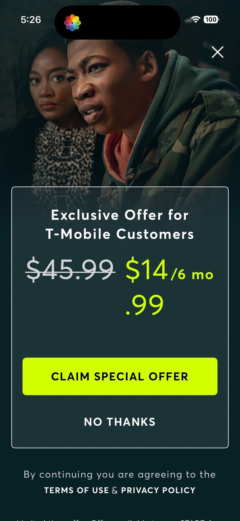 Screenshot from T-Mobile Tuesday's Starz offer