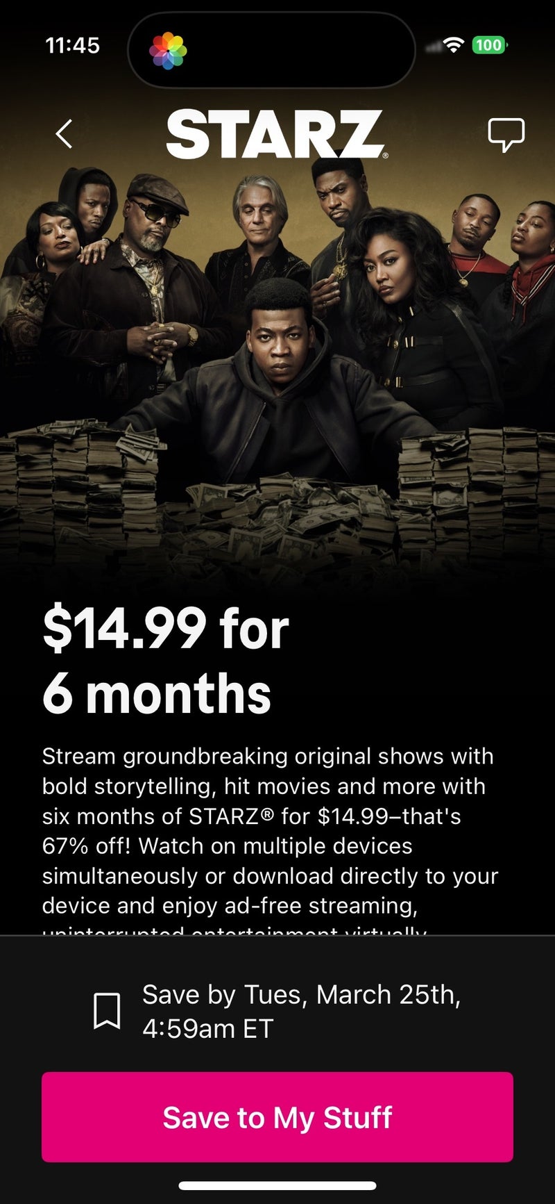 Screenshot from T-Mobile Tuesday's Starz offer