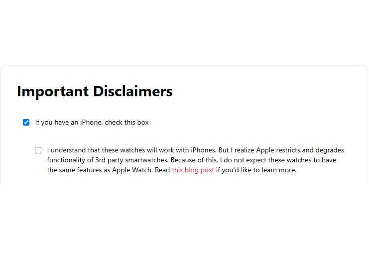 The disclaimer that Apple fans have to accept when pre-ordering a Core PebbleOS smartwatch