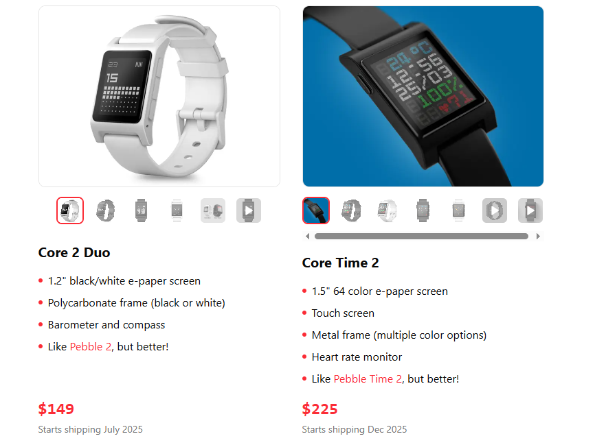 An overview of the Core 2 Duo and Time 2 PebbleOS smartwatches