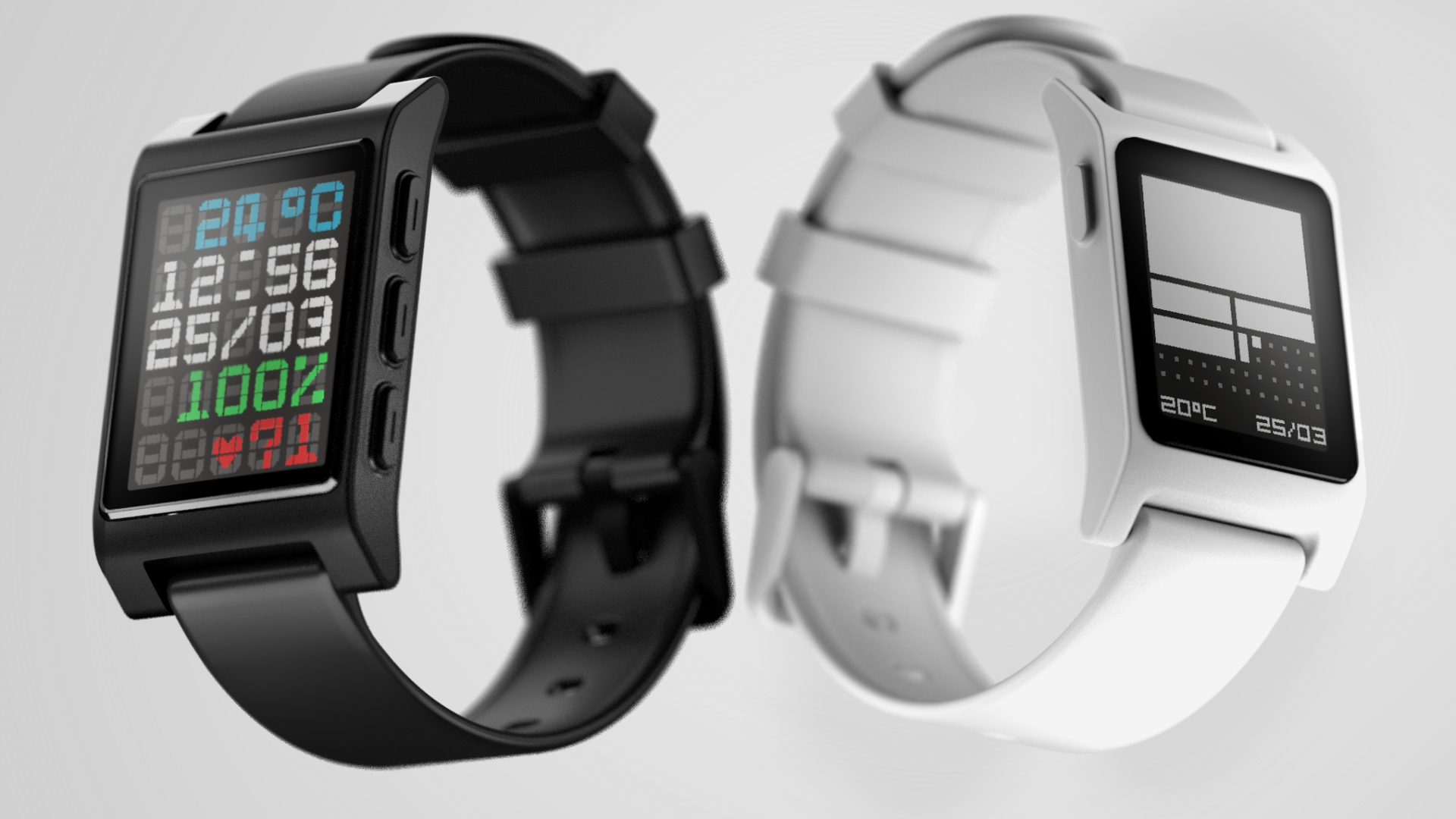 An render depicting the Core Time 2 and Core 2 Duo smartwatches running PebbleOS