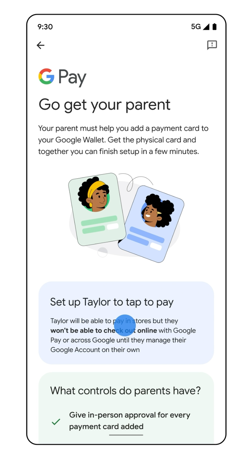 A screenshot of the Google Pay app on a mobile phone, showing a message about parental approval for adding a payment card.