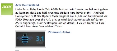 Acer Iconia Tab A500 receiving its portion of Android 3.1 Honeycomb