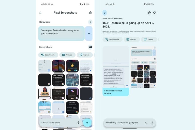 Screenshots of the Pixel Screenshots app UI