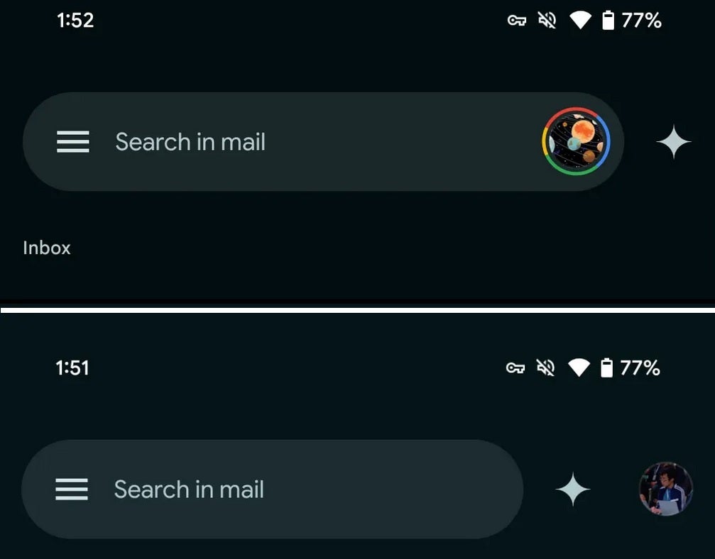 At top, the previous location of the Google Account Switcher with the new look on the bottom. | Image credit-9ti5Google - The Account Switcher is moving back to its previous location in the Gmail for Android app