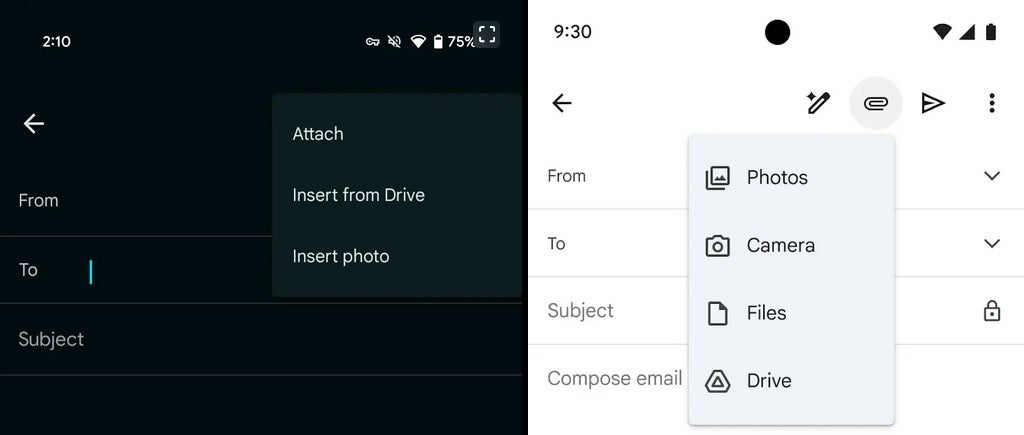 At left, the old attachments menu with the new menu on the right. | Image credit-9to5Google - The Account Switcher is moving back to its previous location in the Gmail for Android app